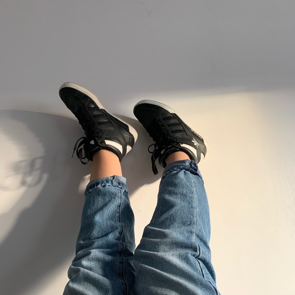 adidas black and white High Tops in a size 5 1/5US